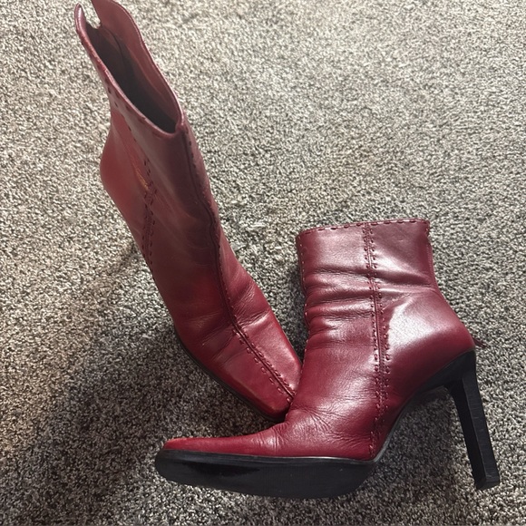 Hillard & Hanson Shoes - Hillary And Hanson Square Toe Leather Upper Burgundy Chunky Heel Ankle Boot 8M